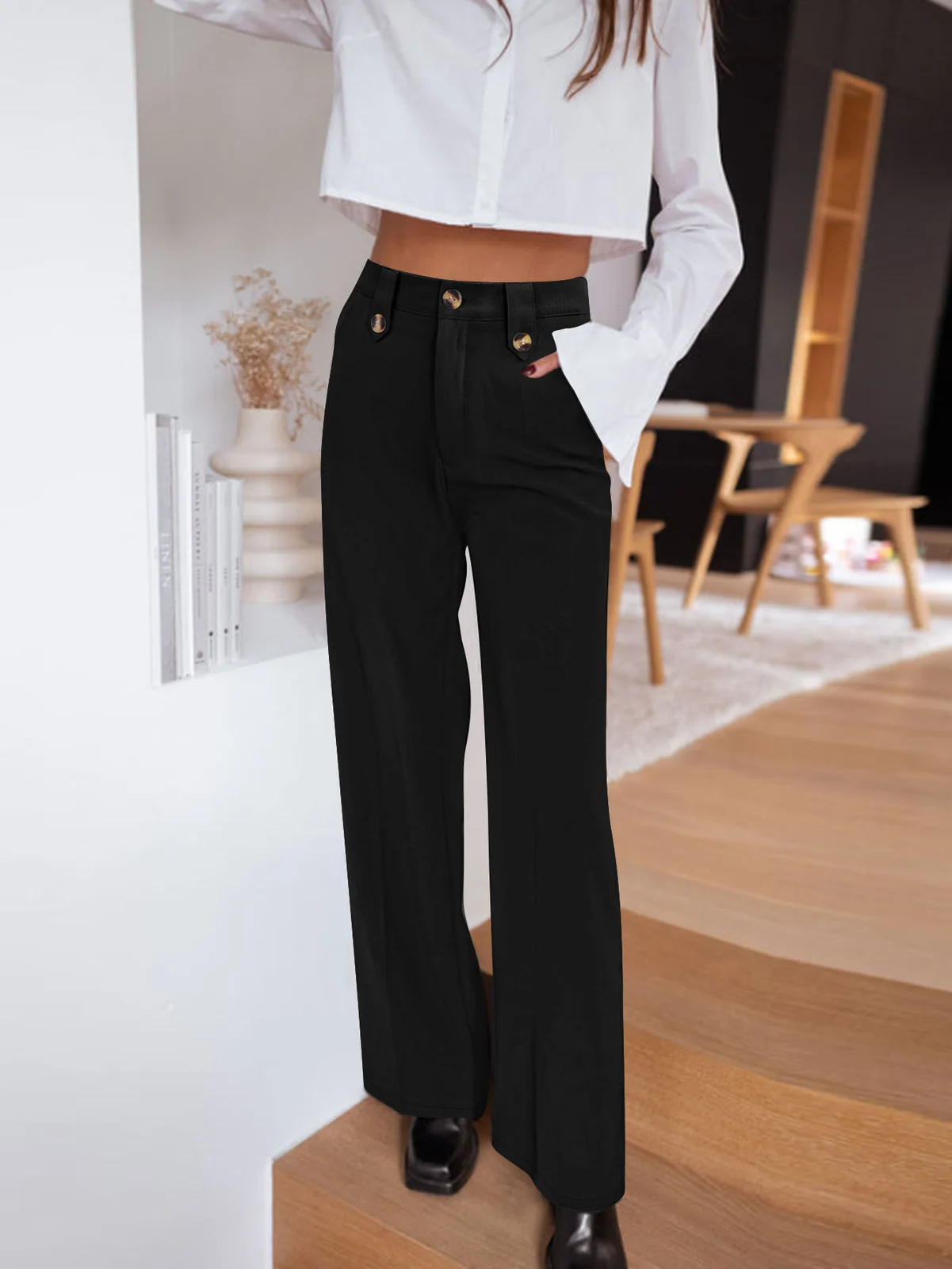 Women High Waist Wide Leg Pants Decorative Buttons Casual Loose Straight Trousers With… — image 2
