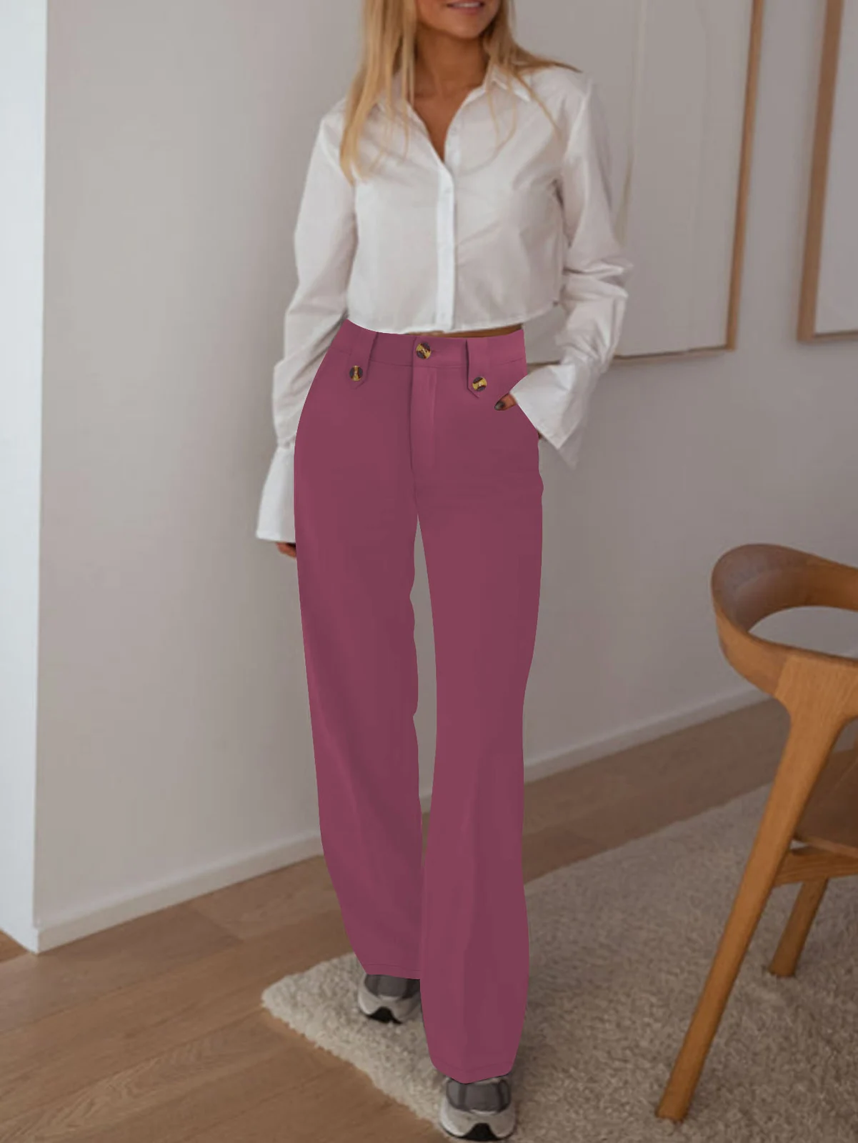 Women High Waist Wide Leg Pants Decorative Buttons Casual Loose Straight Trousers With… — image 5