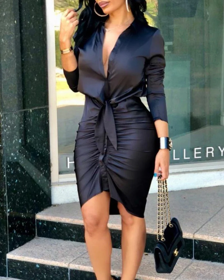 Women Lace-up Solid Color Long Sleeve Midi Dress Shirt Elegant Fashion Party — image 3