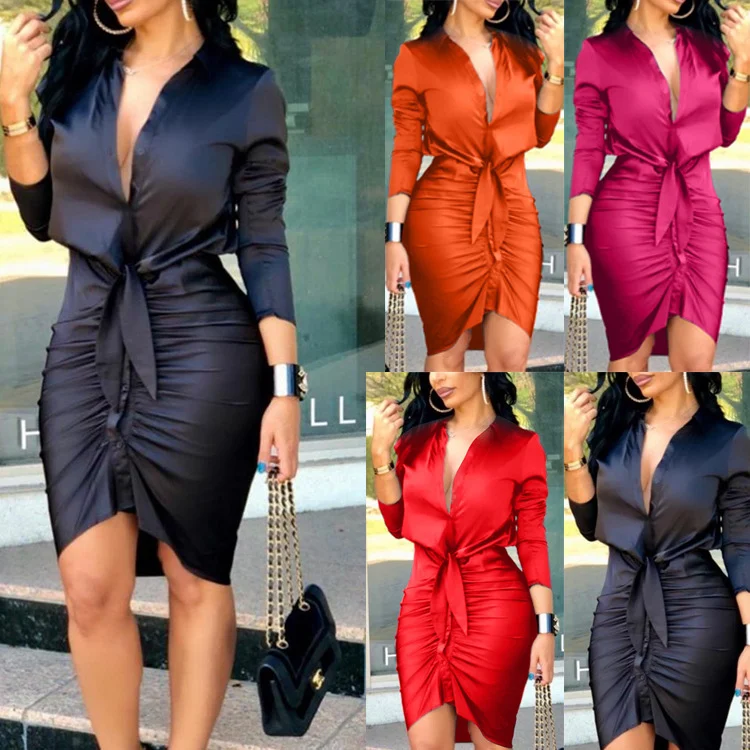 Women Lace-up Solid Color Long Sleeve Midi Dress Shirt Elegant Fashion Party — image 4