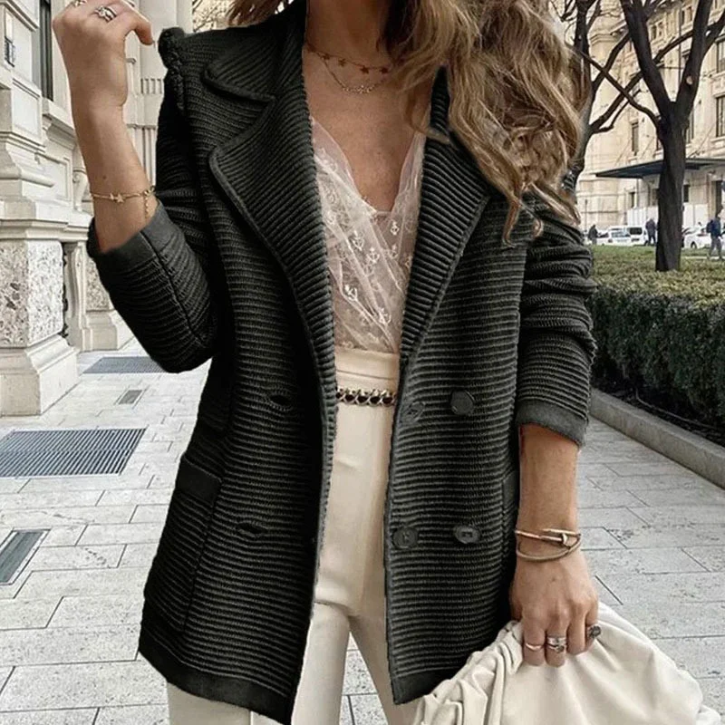 Women Lapel Double Breasted Knit Blazer Jacket,long Sleeve Textured Striped Casual… — image 1
