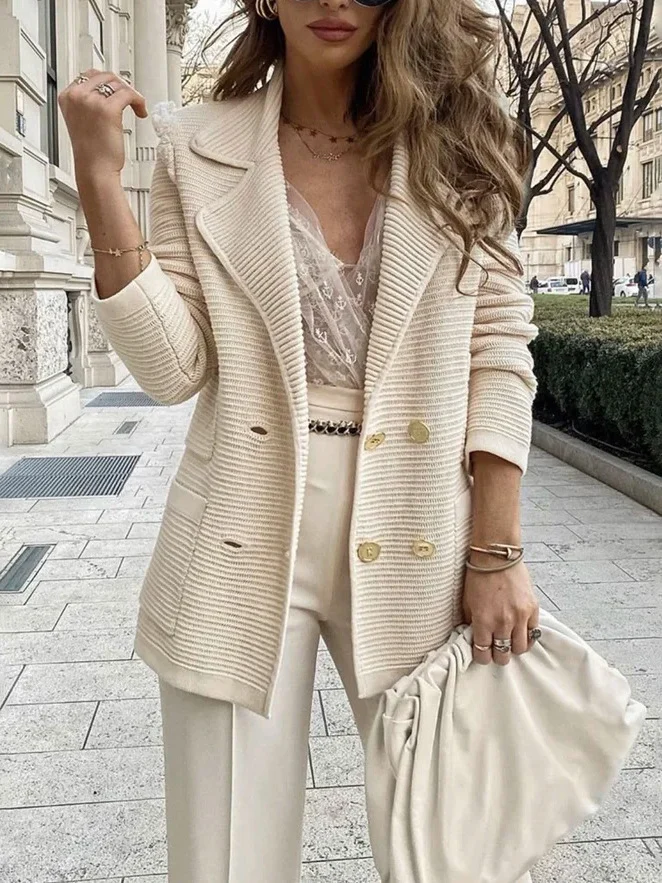 Women Lapel Double Breasted Knit Blazer Jacket,long Sleeve Textured Striped Casual… — image 10