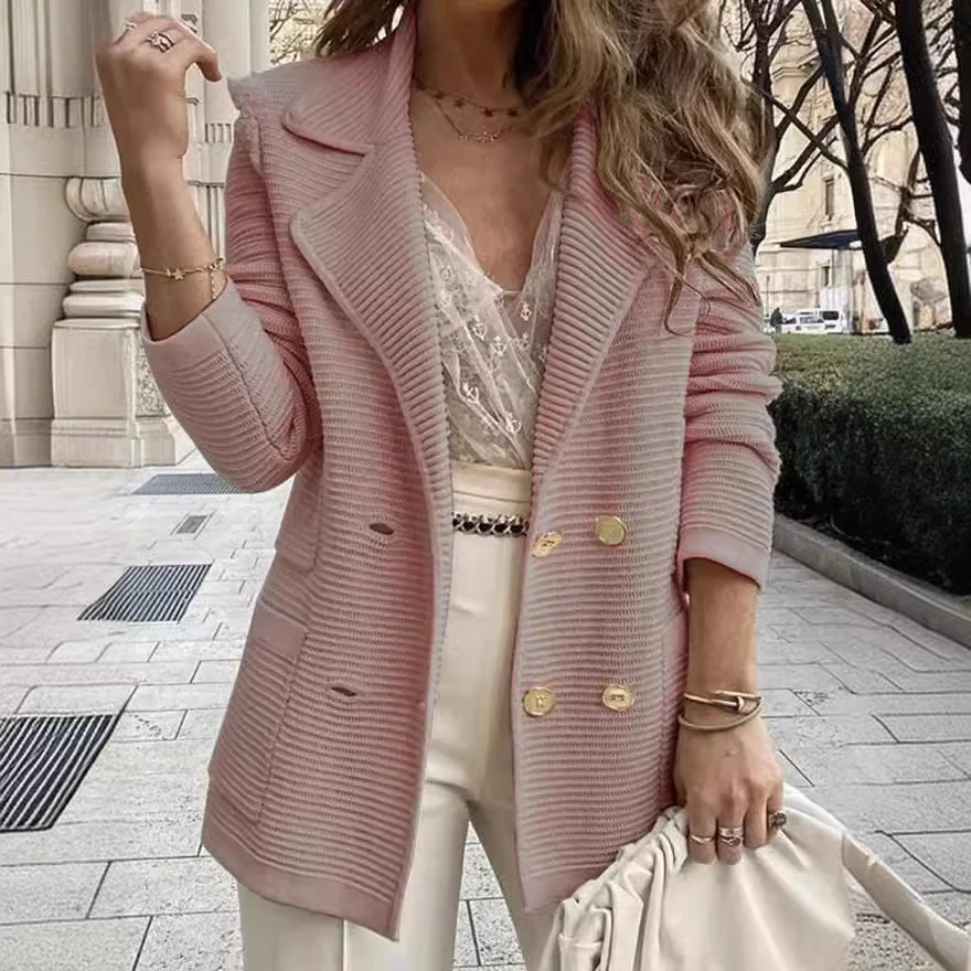 Women Lapel Double Breasted Knit Blazer Jacket,long Sleeve Textured Striped Casual… — image 4