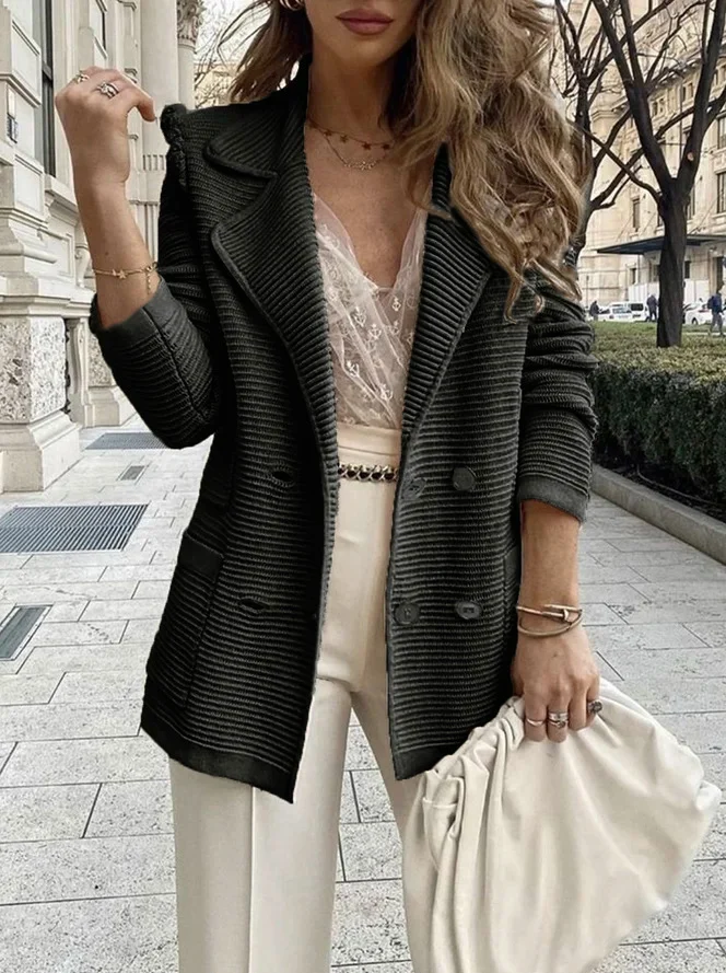 Women Lapel Double Breasted Knit Blazer Jacket,long Sleeve Textured Striped Casual… — image 8