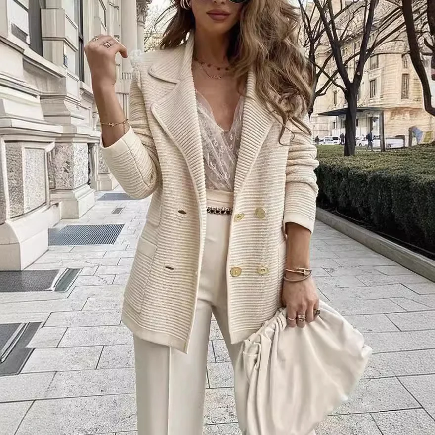 Women Lapel Double Breasted Knit Blazer Jacket,long Sleeve Textured Striped Casual… — image 2
