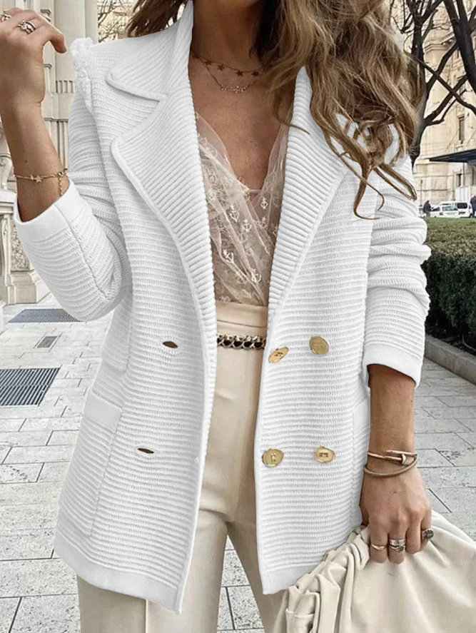 Women Lapel Double Breasted Knit Blazer Jacket,long Sleeve Textured Striped Casual… — image 9