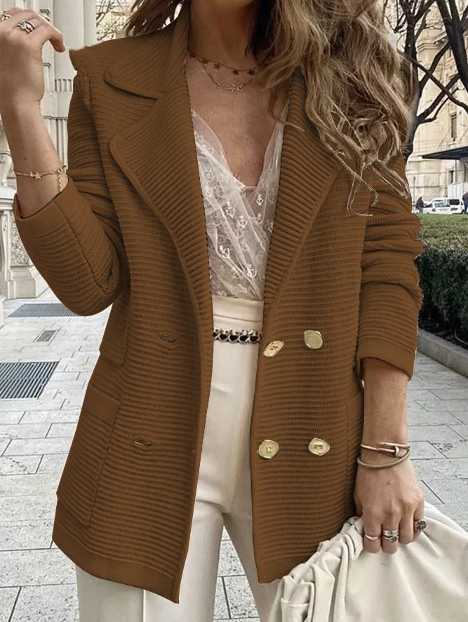 Women Lapel Double Breasted Knit Blazer Jacket,long Sleeve Textured Striped Casual… — image 7