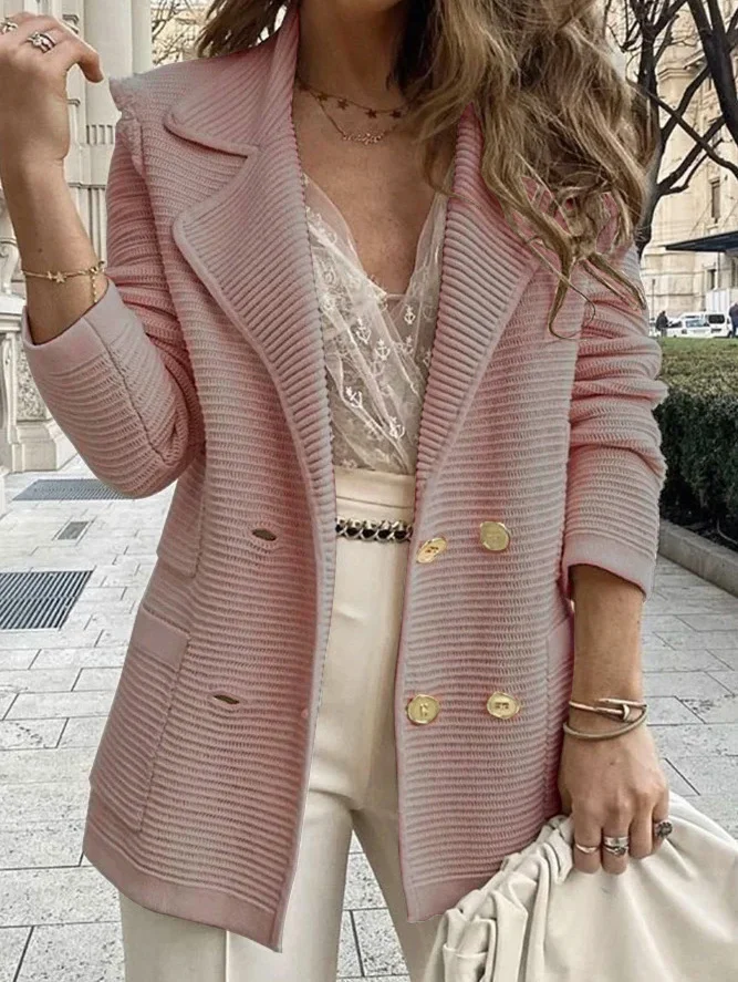 Women Lapel Double Breasted Knit Blazer Jacket,long Sleeve Textured Striped Casual… — image 11
