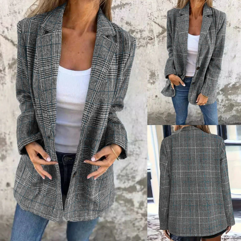 Women Plaid Blazer Jacket Lapel Long Sleeve Single Button Loose Casual Checkered Suit… — image 5