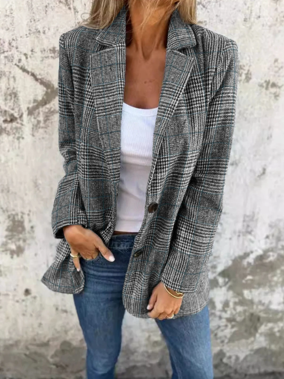 Women Plaid Blazer Jacket Lapel Long Sleeve Single Button Loose Casual Checkered Suit… — image 3