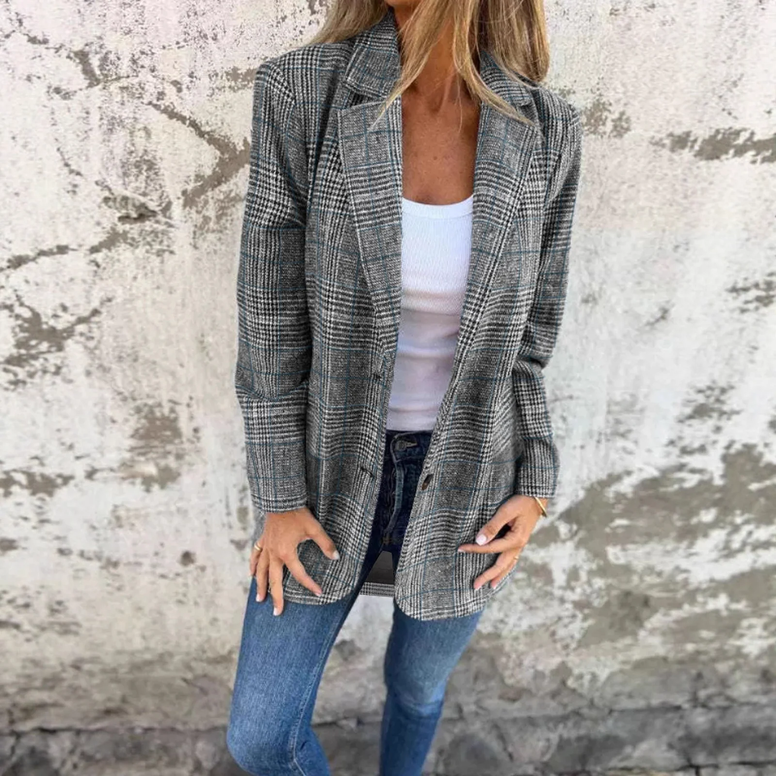 Women Plaid Blazer Jacket Lapel Long Sleeve Single Button Loose Casual Checkered Suit… — image 4