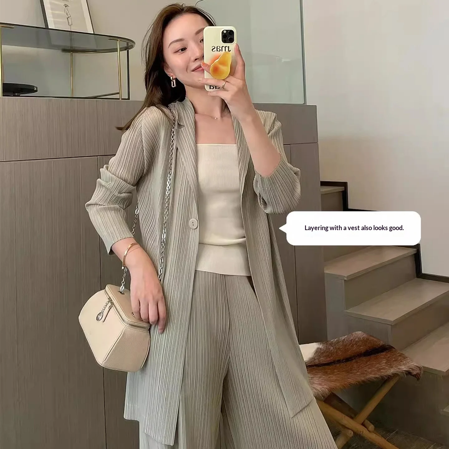 Women Pleated Cardigan Set Minimalist Casual Two Piece Outfit Long Sleeve Jacket And… — image 6