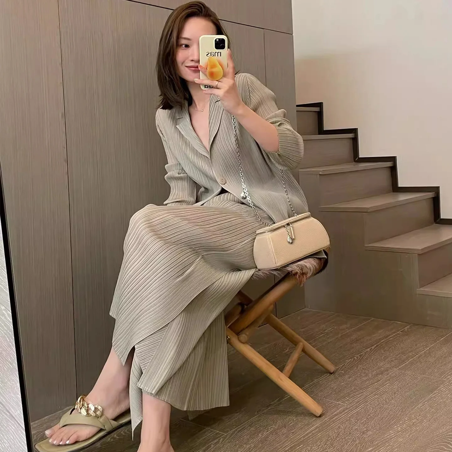 Women Pleated Cardigan Set Minimalist Casual Two Piece Outfit Long Sleeve Jacket And… — image 8