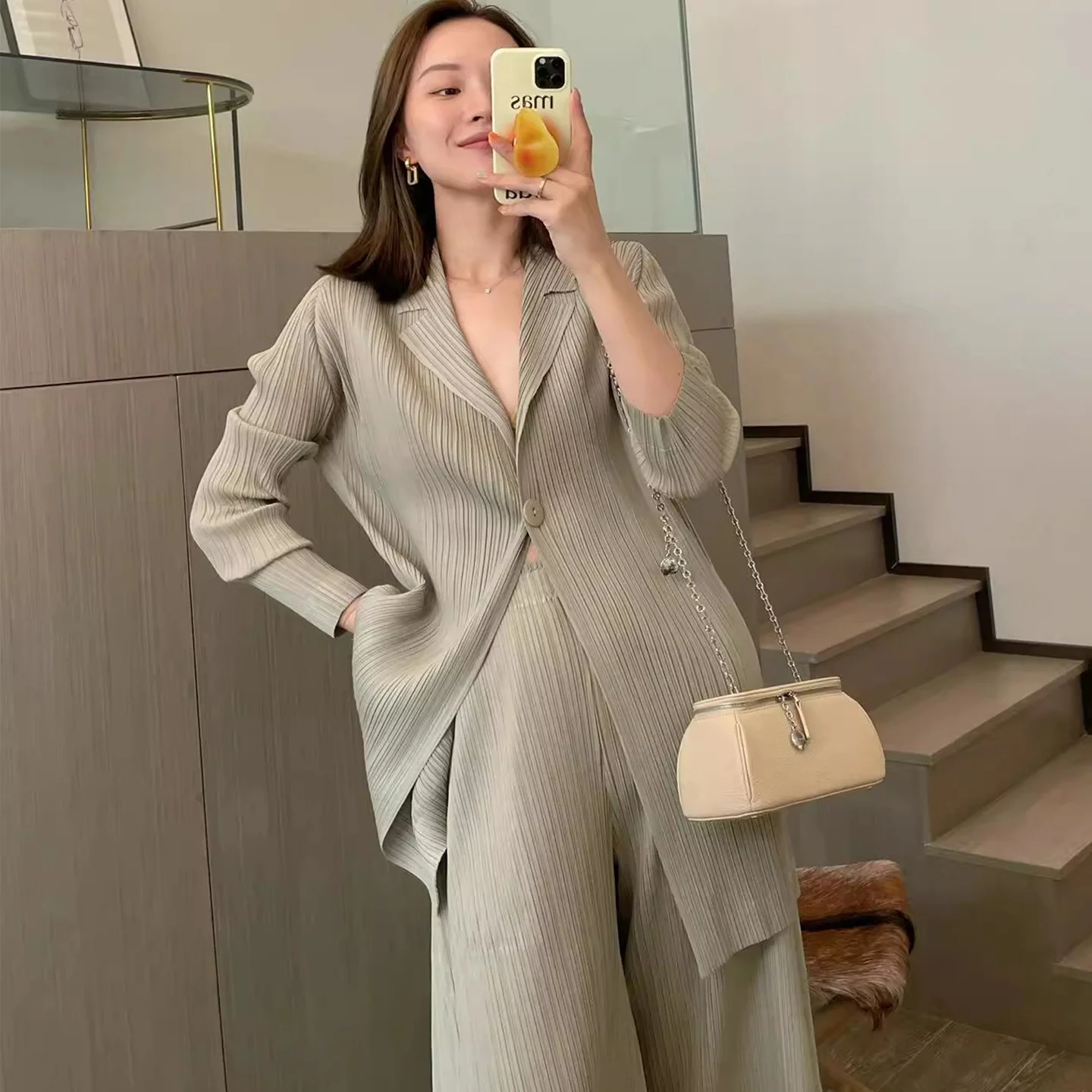 Women Pleated Cardigan Set Minimalist Casual Two Piece Outfit Long Sleeve Jacket And… — image 3