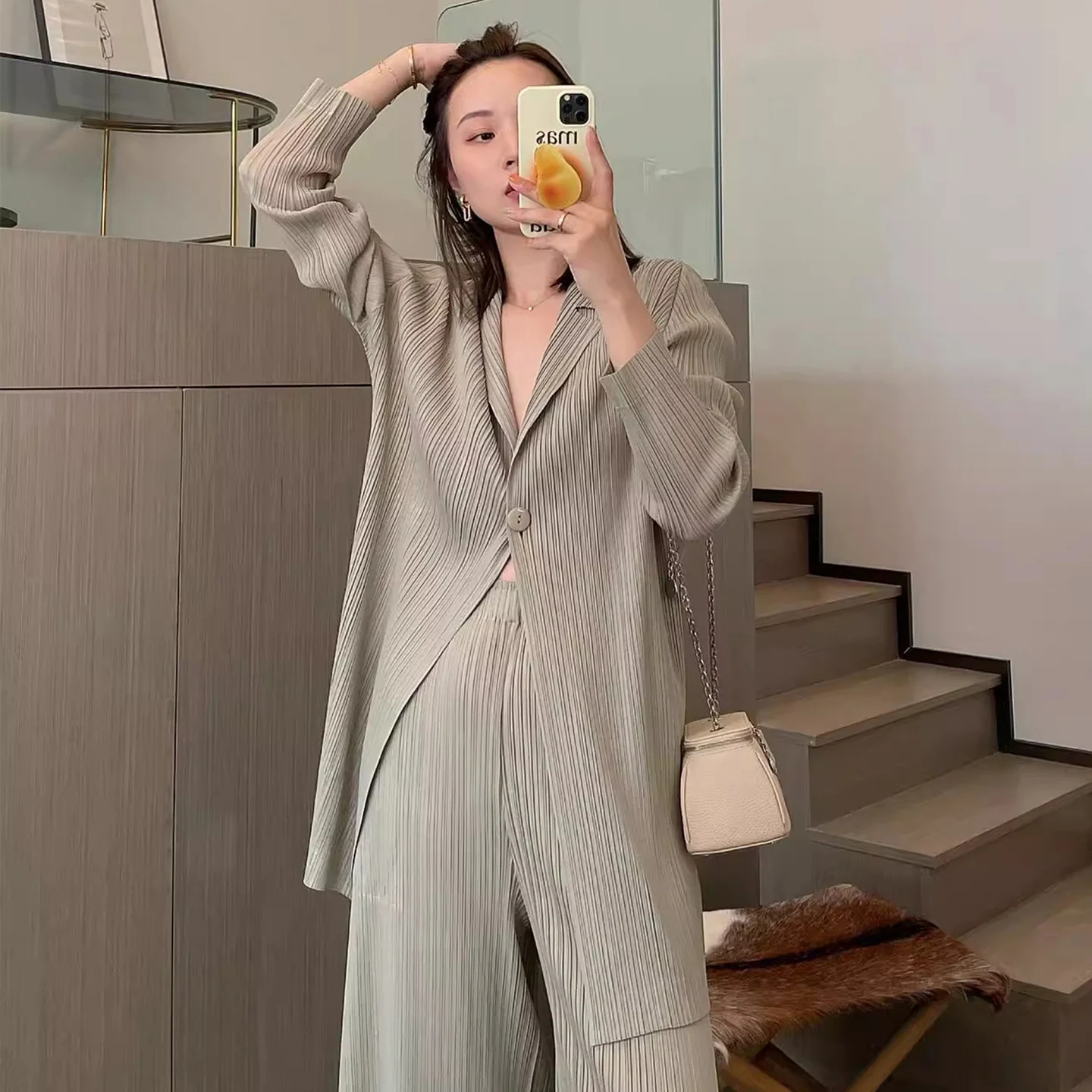 Women Pleated Cardigan Set Minimalist Casual Two Piece Outfit Long Sleeve Jacket And… — image 7