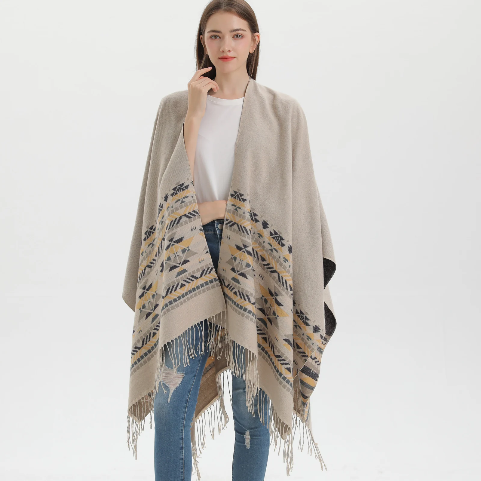Women's Autumn Winter Knit Split Large Shawl, Tassel Warm Poncho — image 3