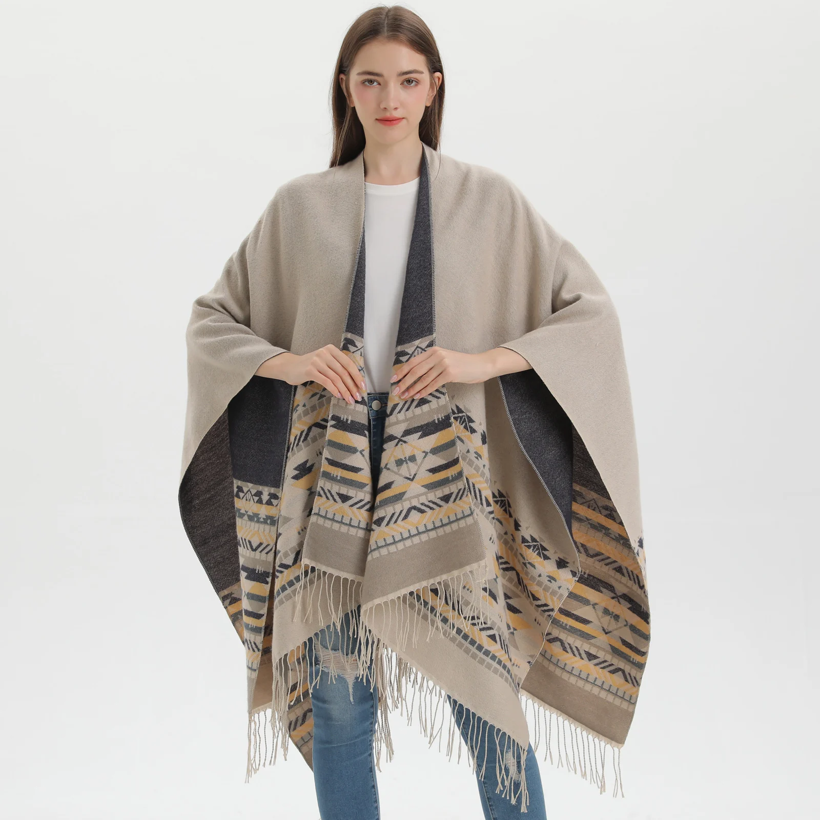 Women's Autumn Winter Knit Split Large Shawl, Tassel Warm Poncho — image 4