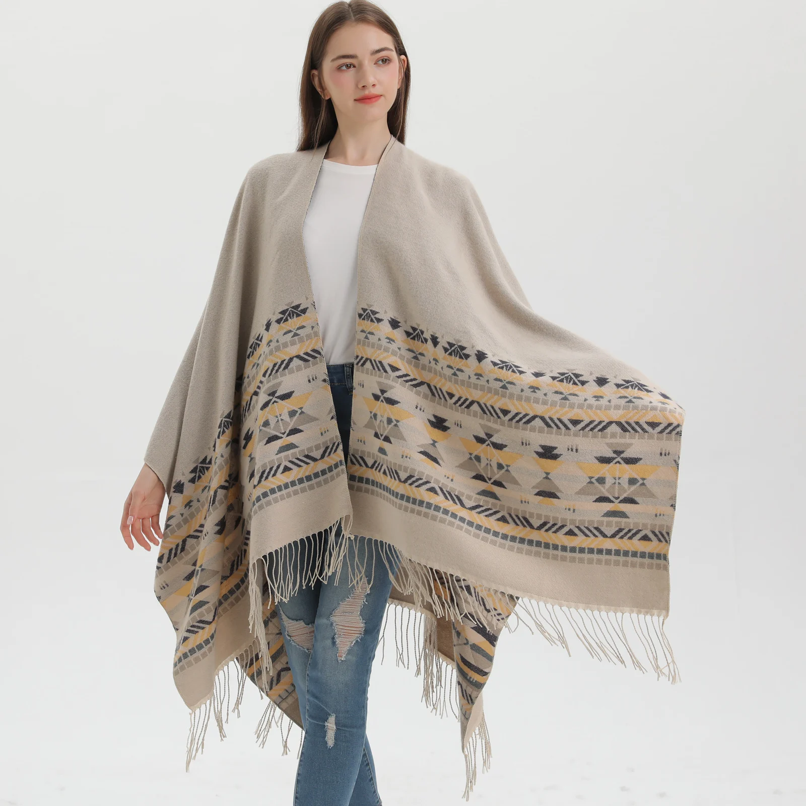 Women's Autumn Winter Knit Split Large Shawl, Tassel Warm Poncho — image 1
