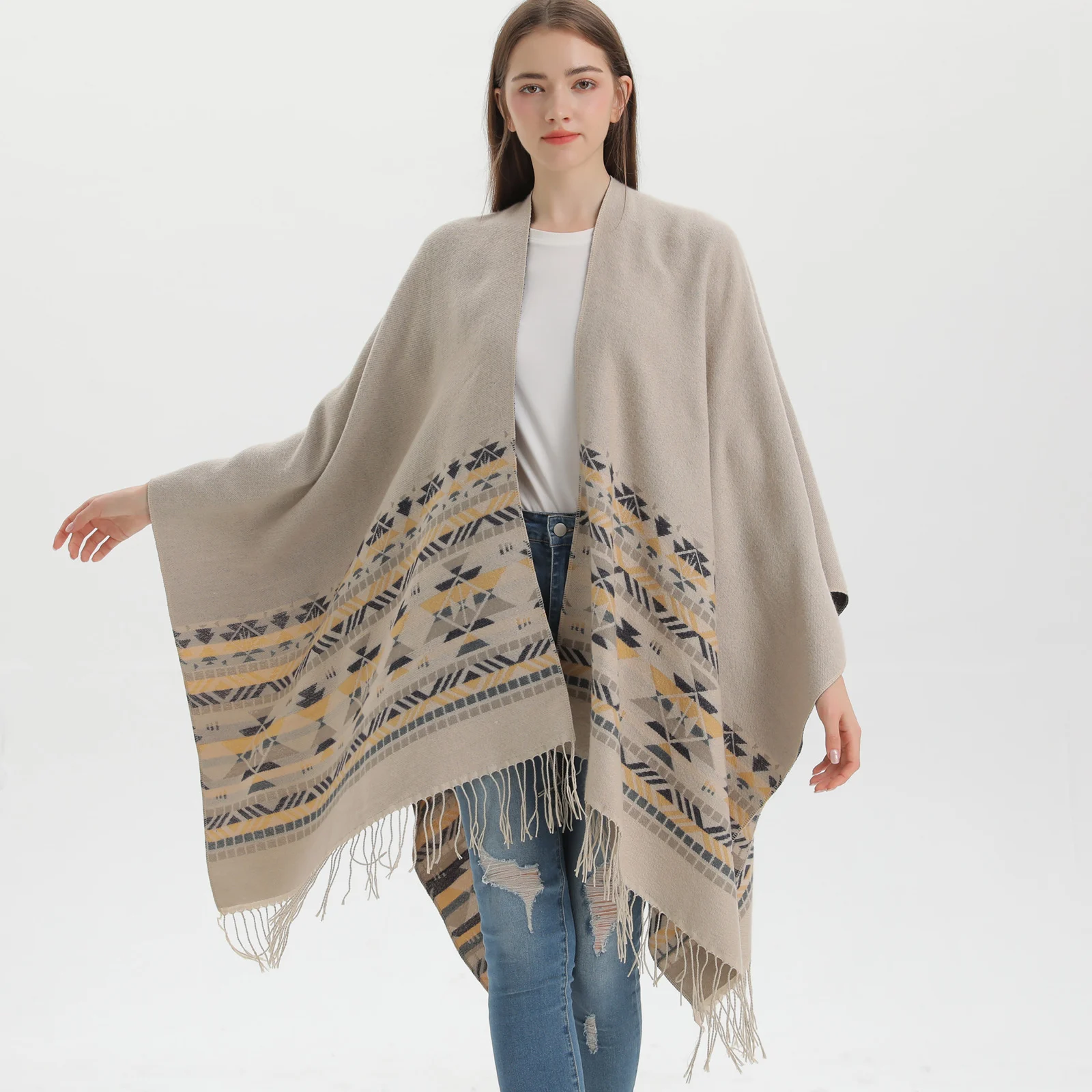 Women's Autumn Winter Knit Split Large Shawl, Tassel Warm Poncho — image 5