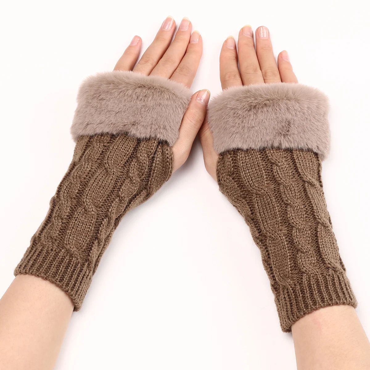 Women's Cable Knit Arm Warmers - Open End Half Finger Gloves With Wool Lining For Fall… — image 3