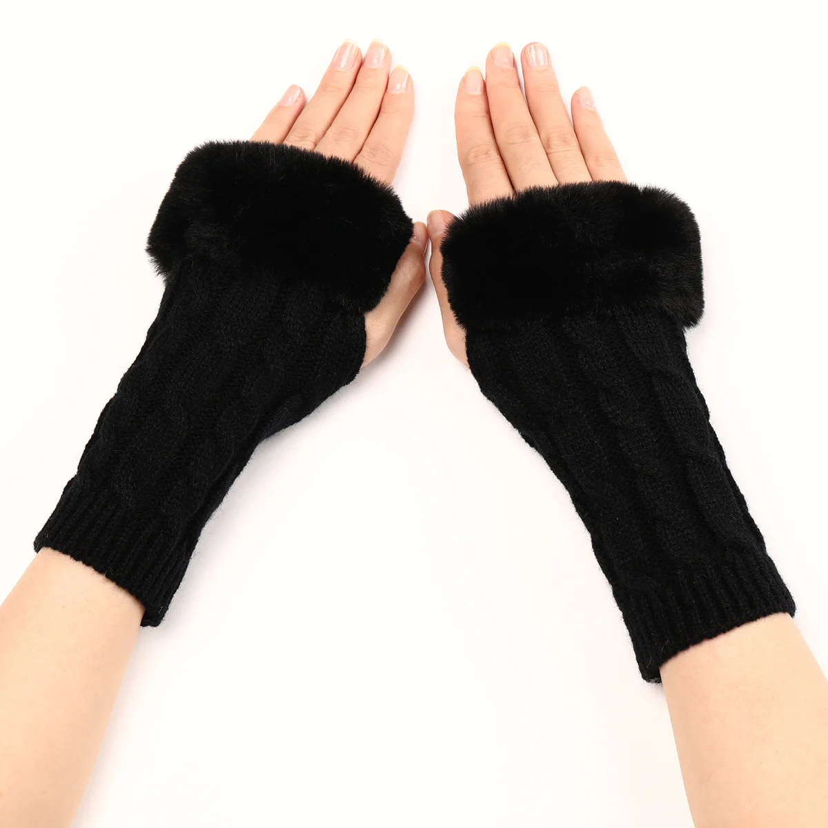 Women's Cable Knit Arm Warmers - Open End Half Finger Gloves With Wool Lining For Fall… — variant image