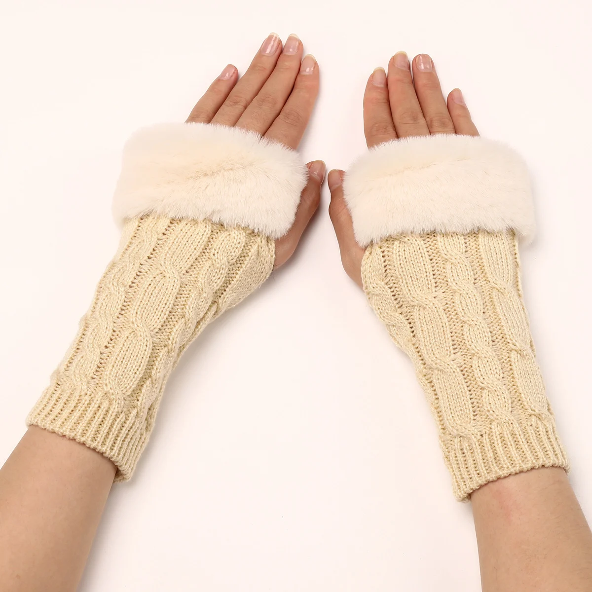 Women's Cable Knit Arm Warmers - Open End Half Finger Gloves With Wool Lining For Fall… — variant image