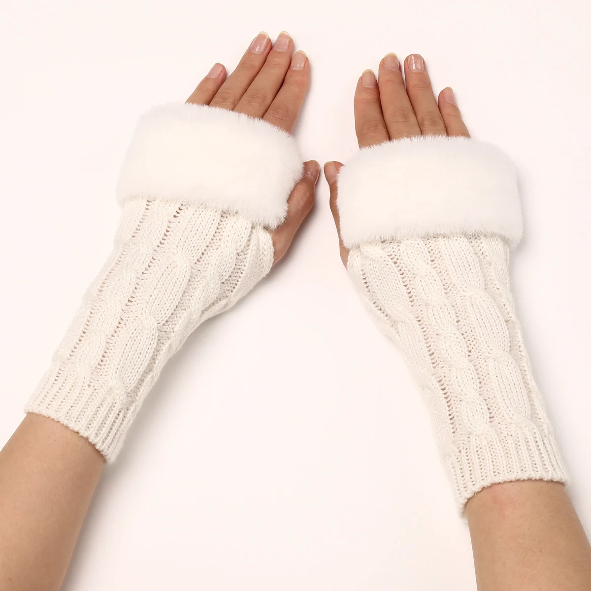 Women's Cable Knit Arm Warmers - Open End Half Finger Gloves With Wool Lining For Fall… — image 6