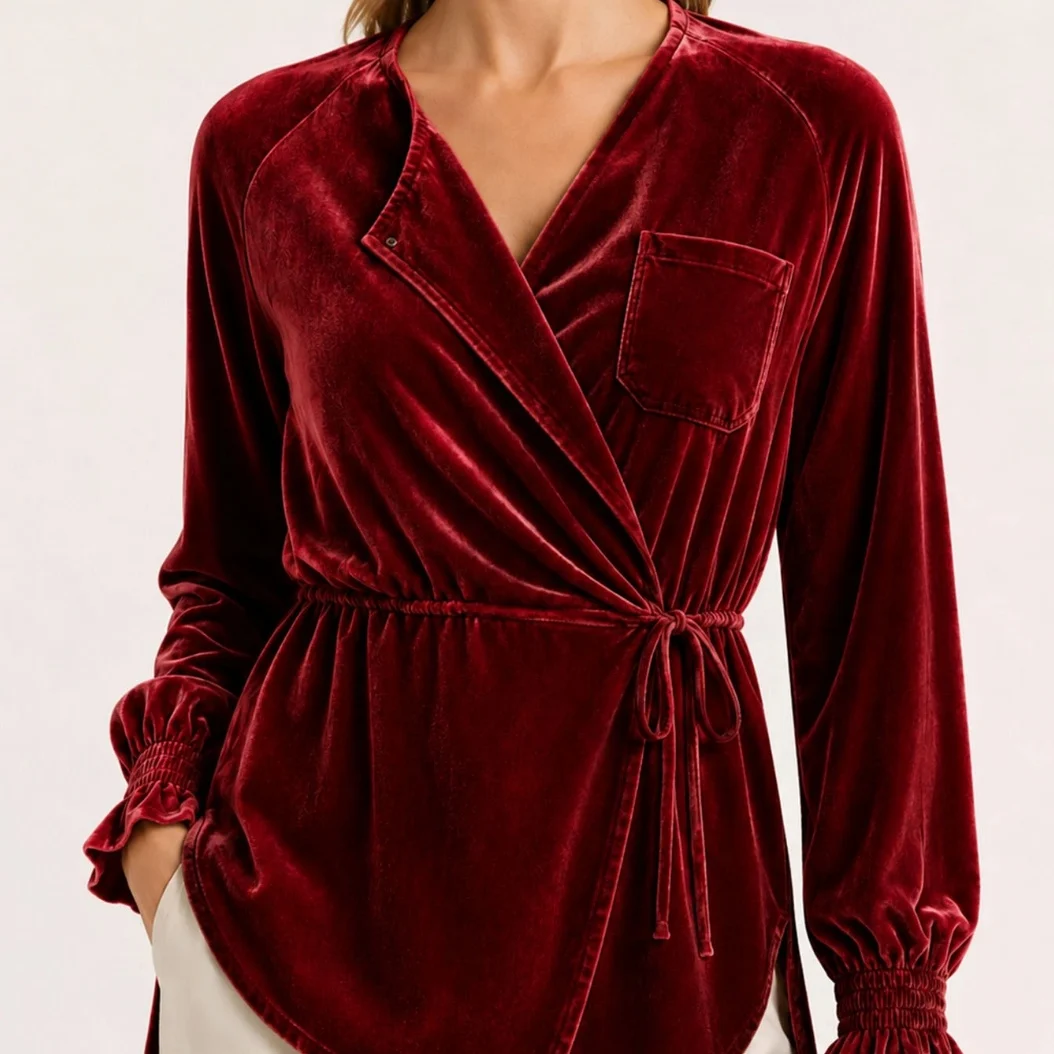 Women's Casual Velvet Long-sleeved Shirt With V-neck Top — image 2
