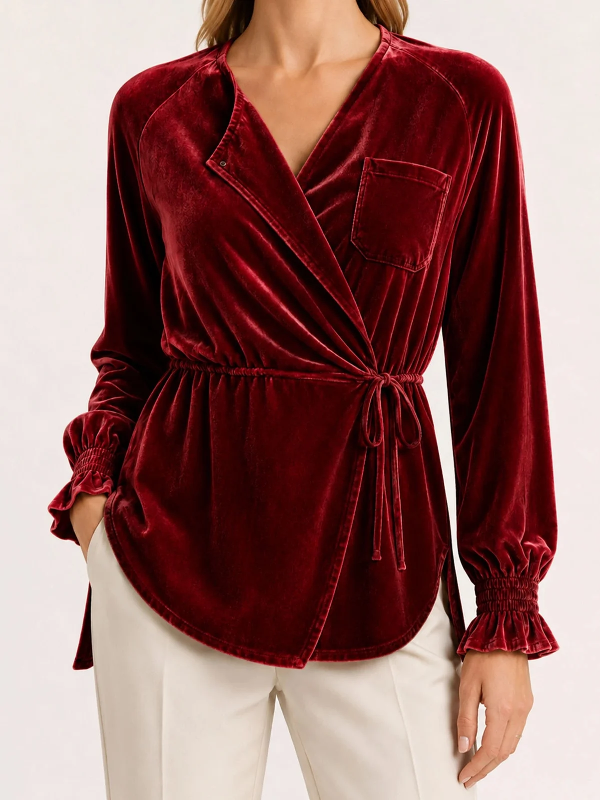 Women's Casual Velvet Long-sleeved Shirt With V-neck Top — image 3