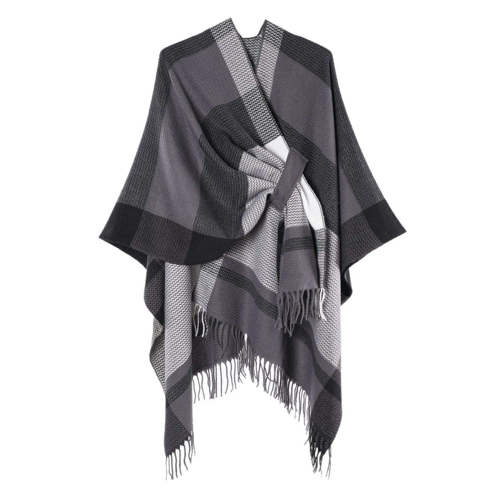 Women's Classic Line Plaid Tassel Shawl, Autumn Winter New Thick Knit Cardigan Poncho — image 4