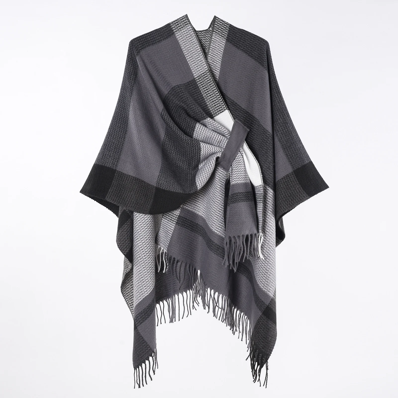 Women's Classic Line Plaid Tassel Shawl, Autumn Winter New Thick Knit Cardigan Poncho — image 1