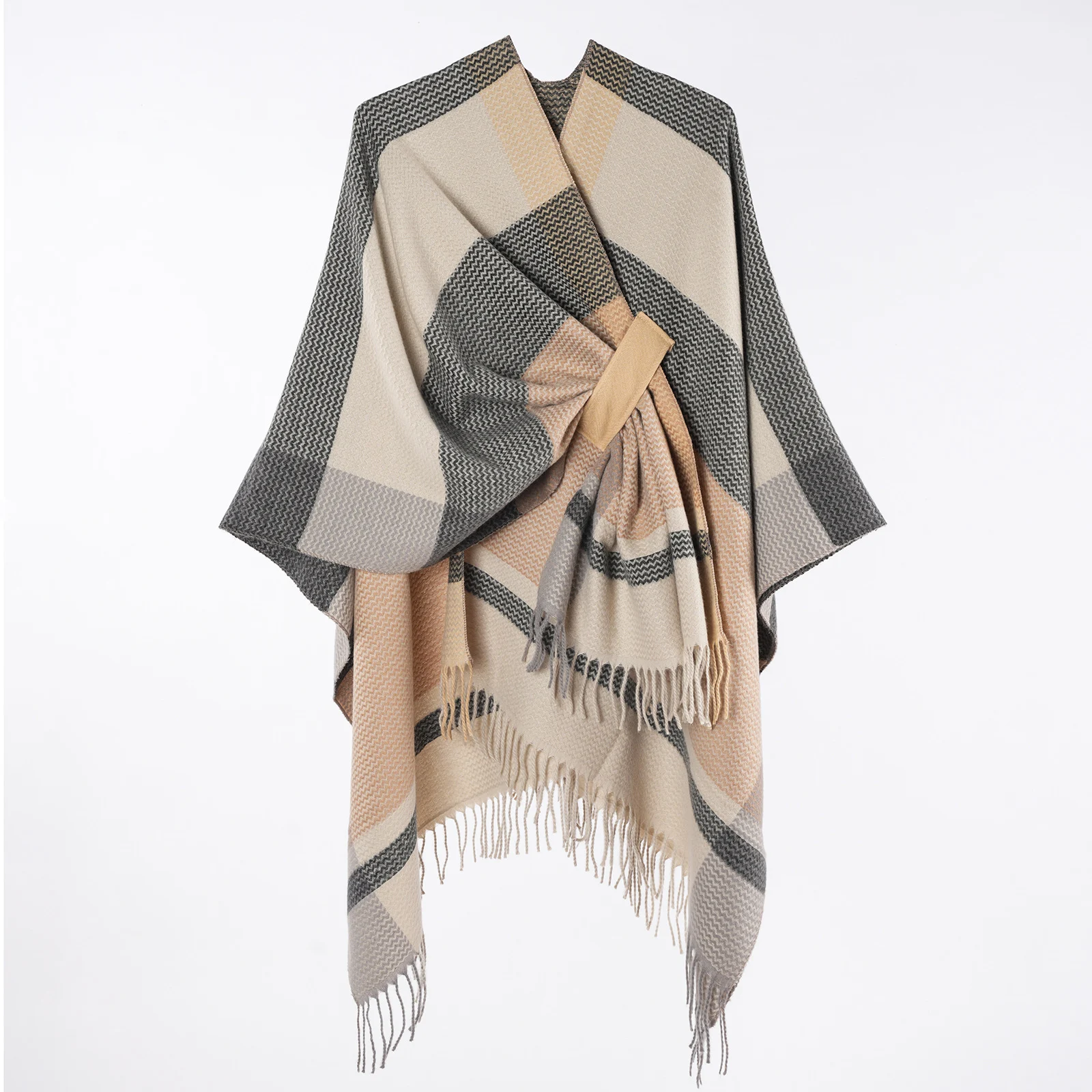 Women's Classic Line Plaid Tassel Shawl, Autumn Winter New Thick Knit Cardigan Poncho — image 5