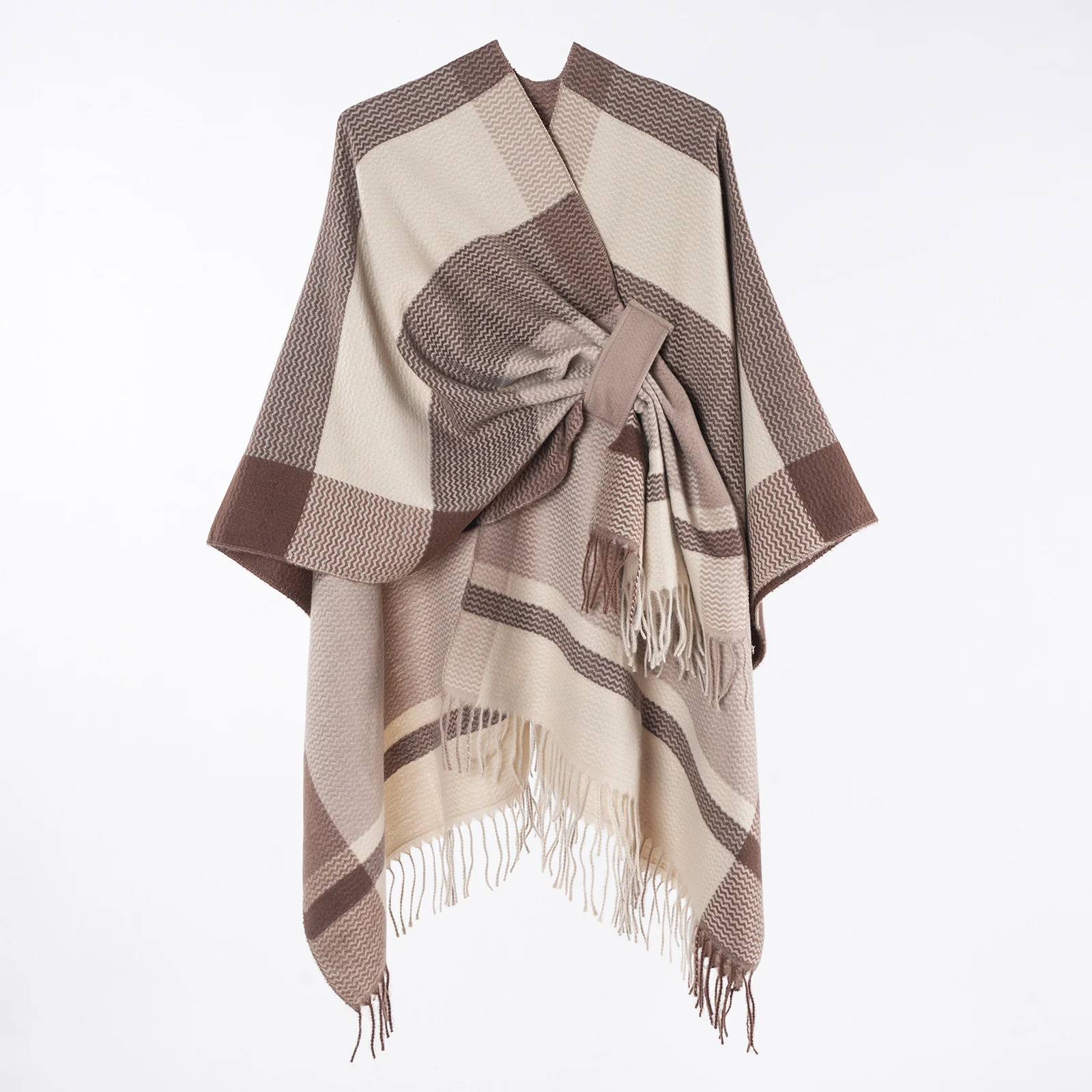 Women's Classic Line Plaid Tassel Shawl, Autumn Winter New Thick Knit Cardigan Poncho — image 2