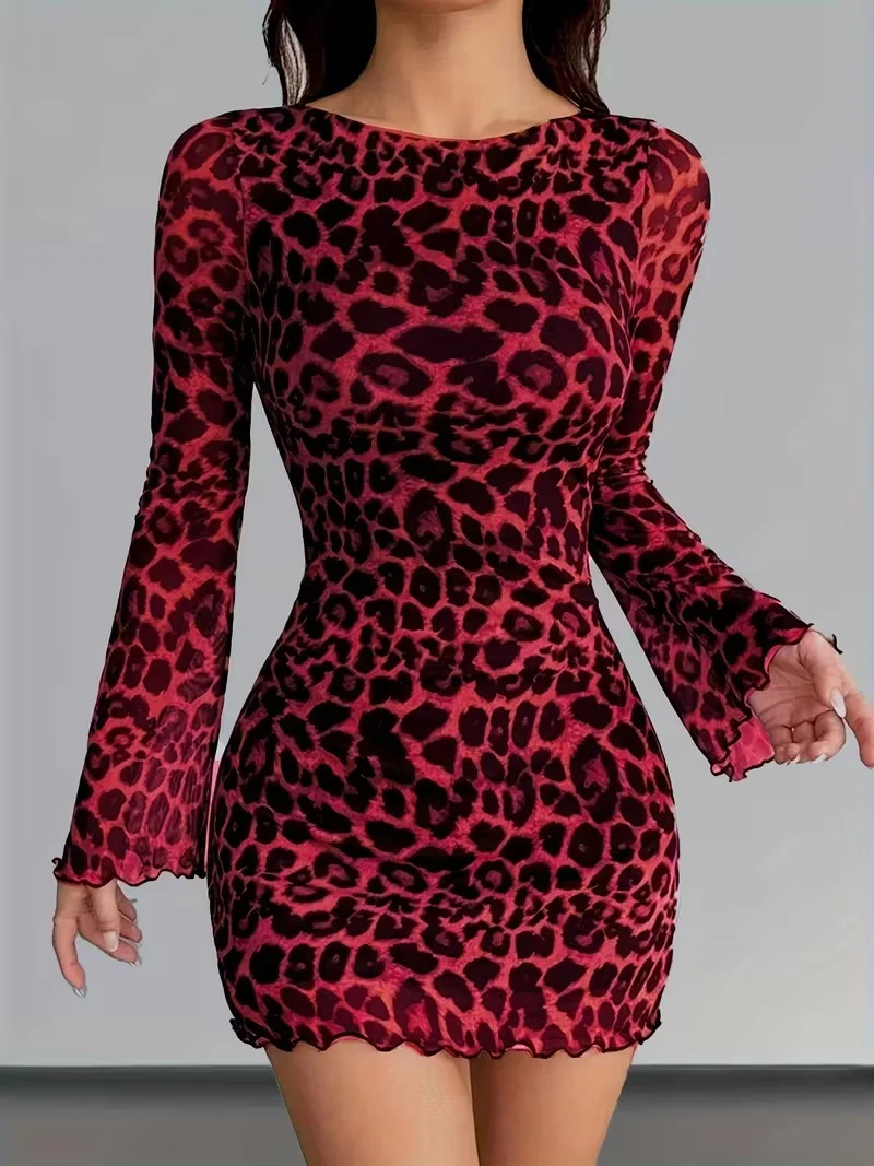 Women's Clothing Leopard Print Round Neck Long-sleeved Dress Elegant Mesh Short Skirt… — image 7
