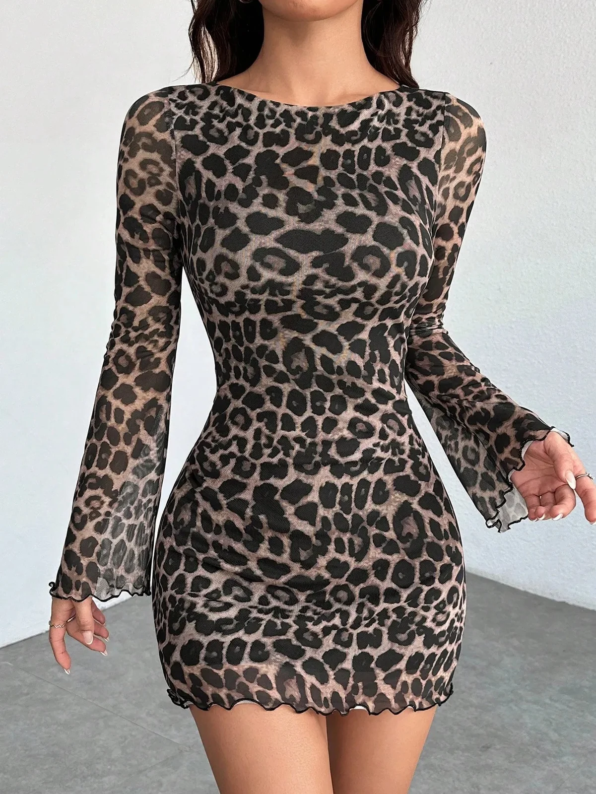 Women's Clothing Leopard Print Round Neck Long-sleeved Dress Elegant Mesh Short Skirt… — image 8