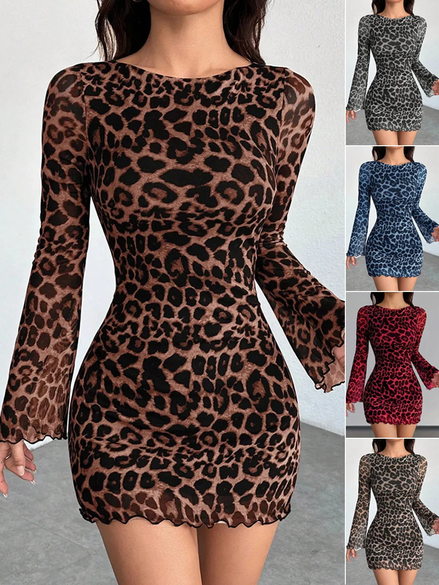 Women's Clothing Leopard Print Round Neck Long-sleeved Dress Elegant Mesh Short Skirt… — image 4