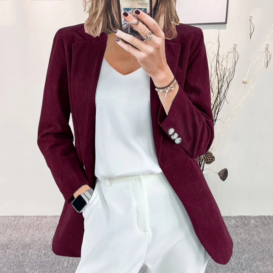 Women's Corduroy Blazer Jacket, Lapel Long Sleeve Open Front Casual Suit Coat With… — image 1