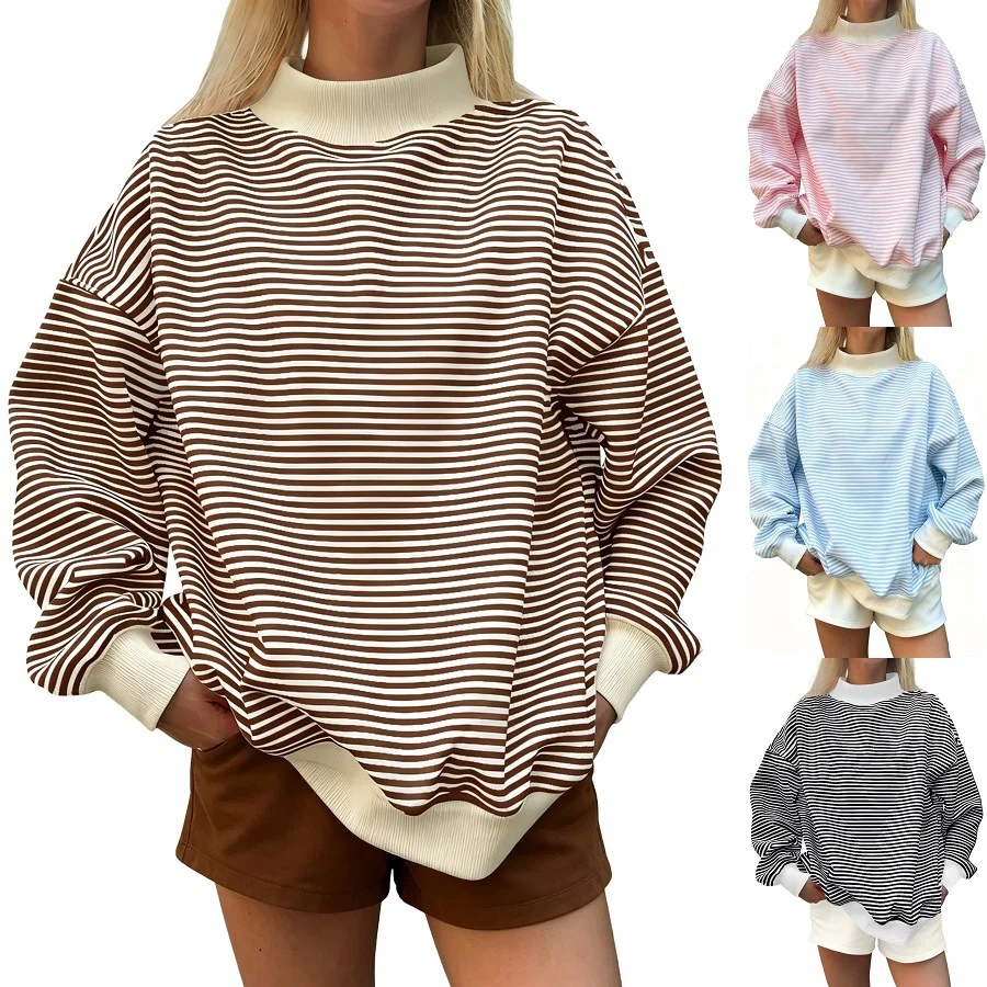Women's Fall New Fashion Casual Striped Long-sleeved Pullover Loose Sweatshirt — image 8