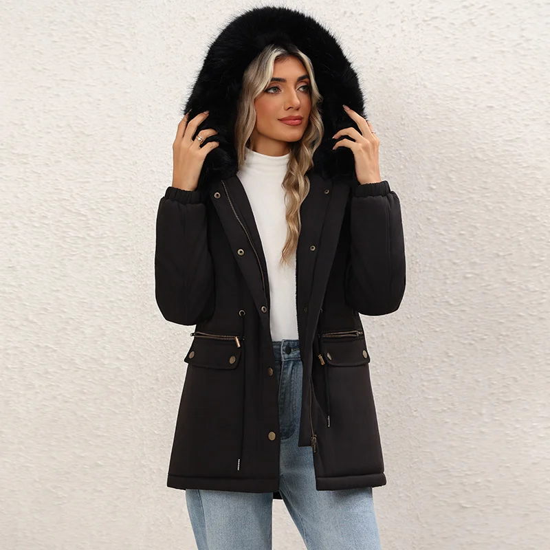 Women's Fleece-lined Mid-length Hooded Cotton Padded Jacket — image 1