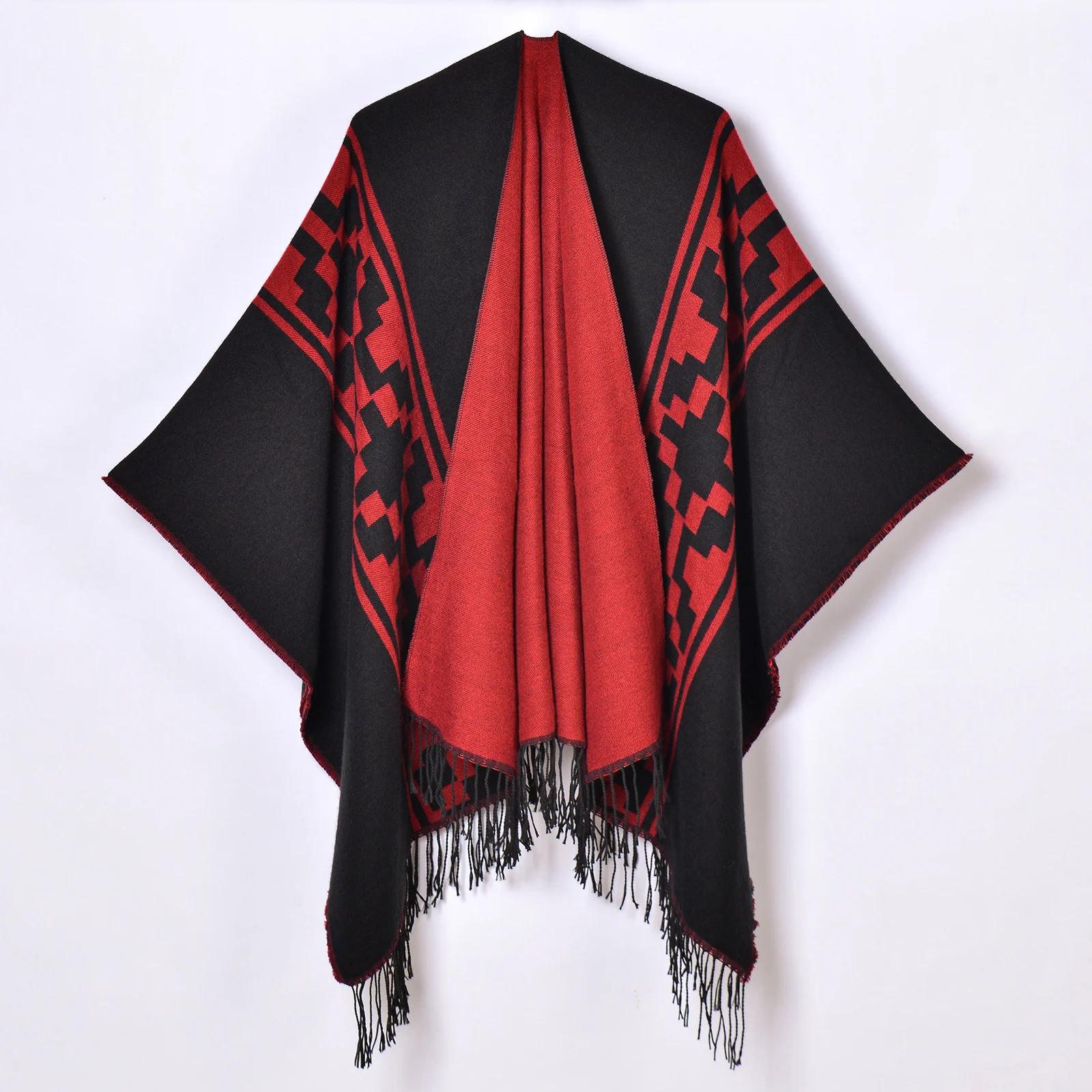 Women's French Rose Large Split Shawl, Multi-functional Side Belted Warm Poncho Cardigan — image 2