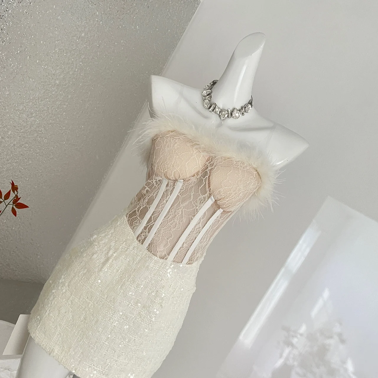 Women's French Strapless Bodycon Dress Lace Fur Trim Splicing Mini For Birthday Dinner… — image 1