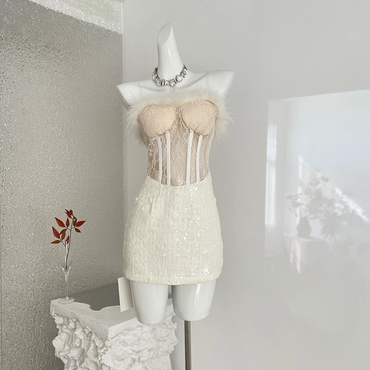 Women's French Strapless Bodycon Dress Lace Fur Trim Splicing Mini For Birthday Dinner… — image 3