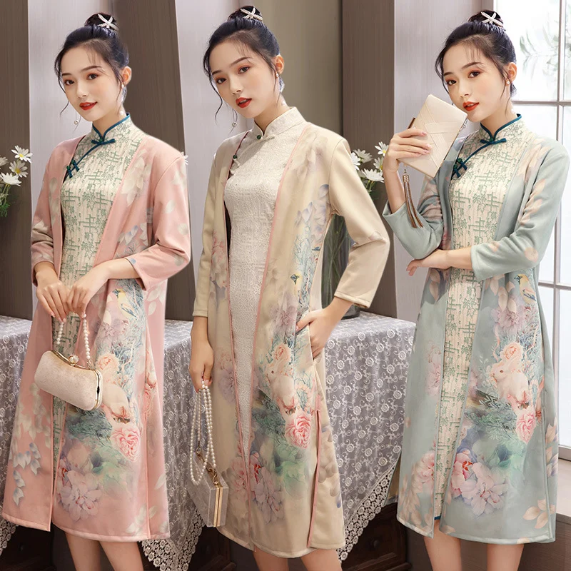 Women's Medium Length Cheongsam With Suede And Aodai Dress — image 3