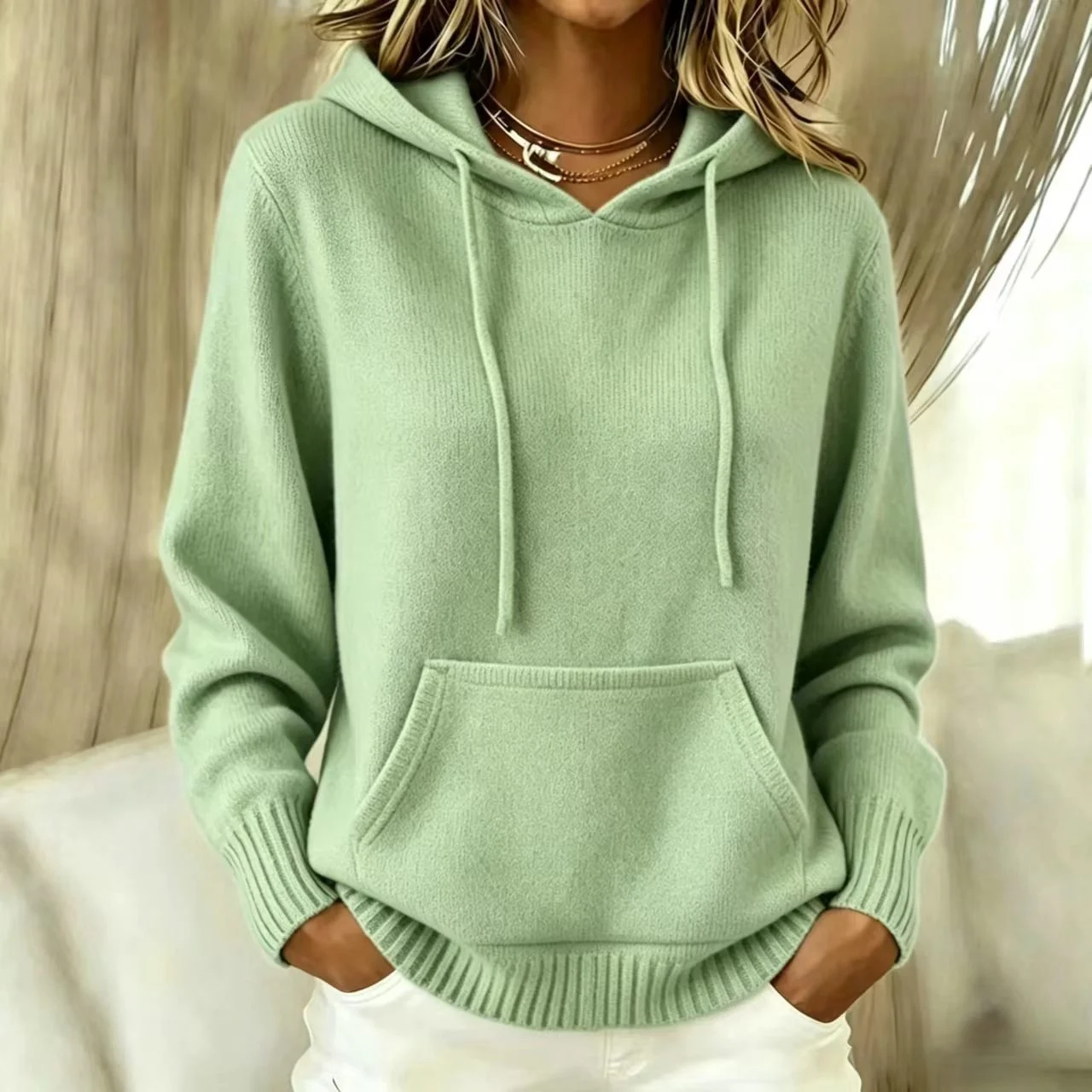 Women's New Knitted Hoodie, Casual Pullover Sweater Top With Pockets — image 3