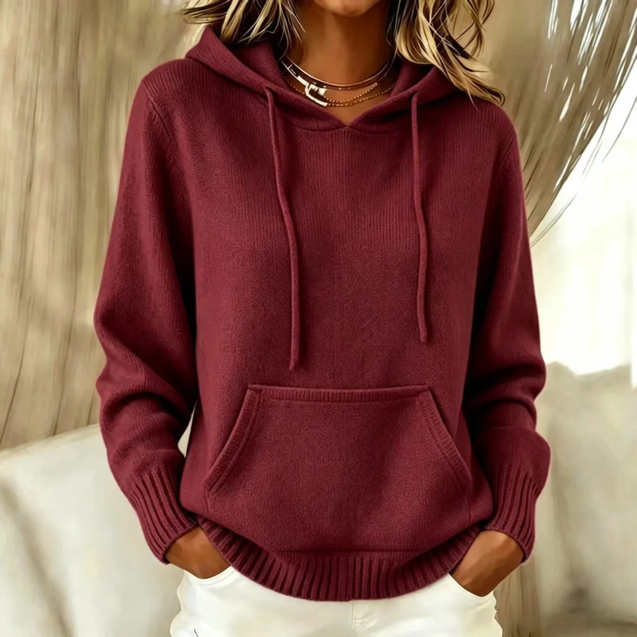 Women's New Knitted Hoodie, Casual Pullover Sweater Top With Pockets — image 8