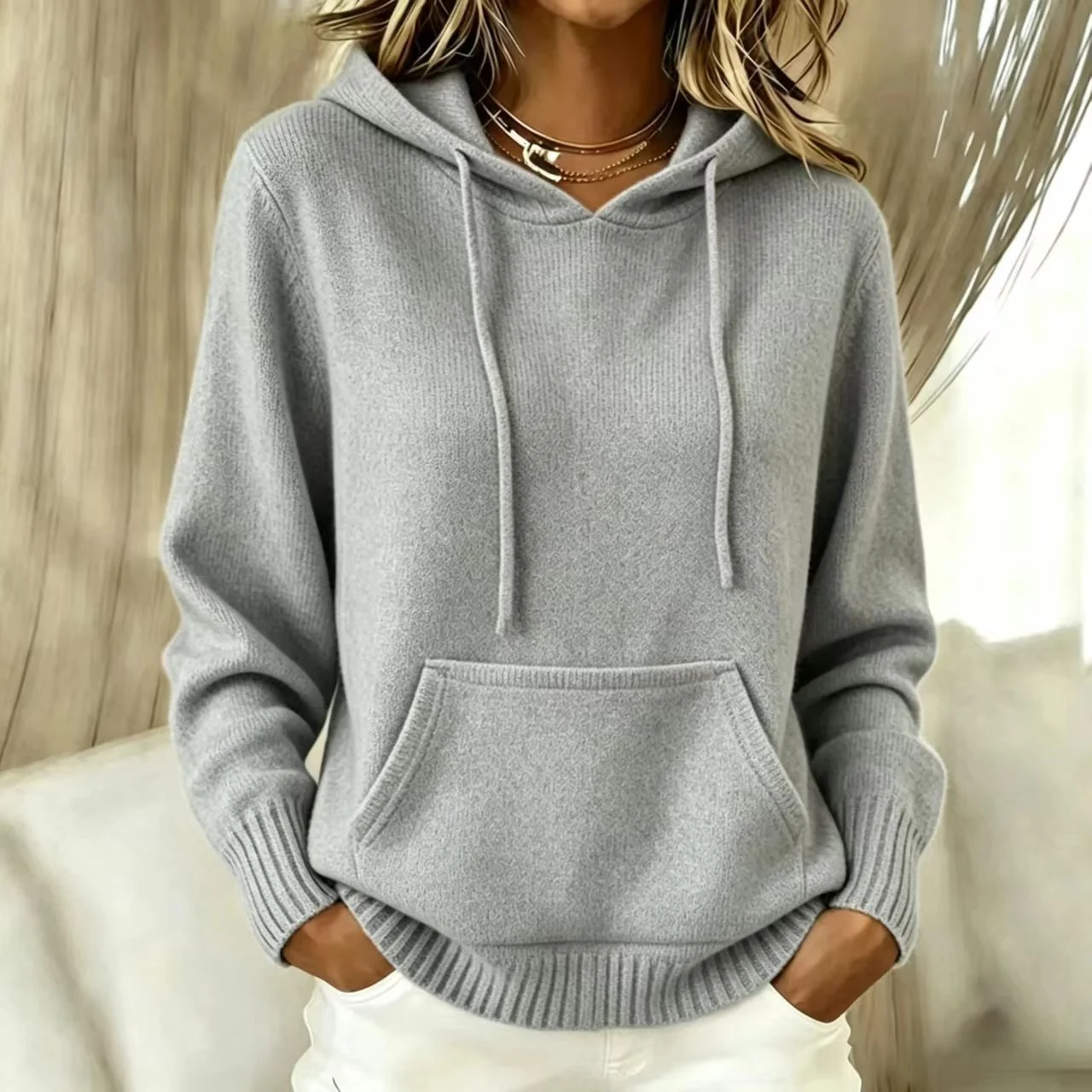 Women's New Knitted Hoodie, Casual Pullover Sweater Top With Pockets — image 5