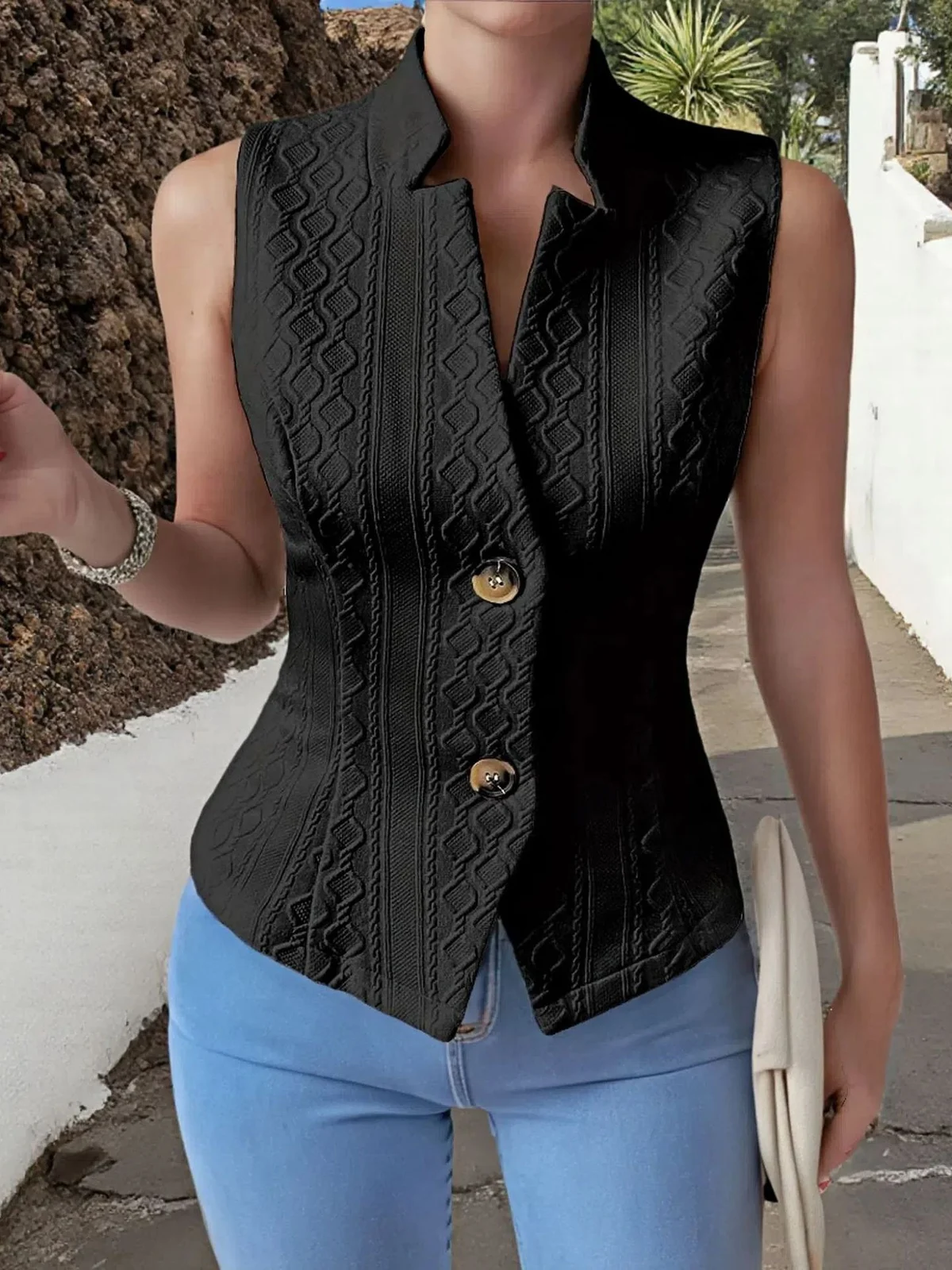 Women's New Style Commuter V-neck Buttoned Sleeveless Vest Jacket Top For Women — image 3