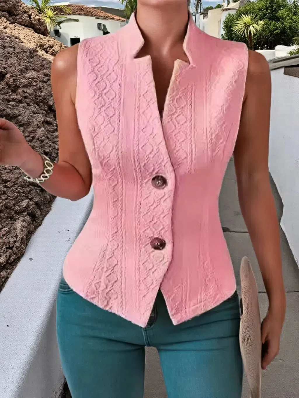 Women's New Style Commuter V-neck Buttoned Sleeveless Vest Jacket Top For Women — image 5