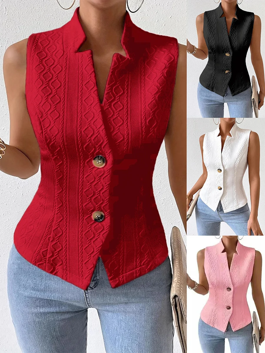 Women's New Style Commuter V-neck Buttoned Sleeveless Vest Jacket Top For Women — image 8