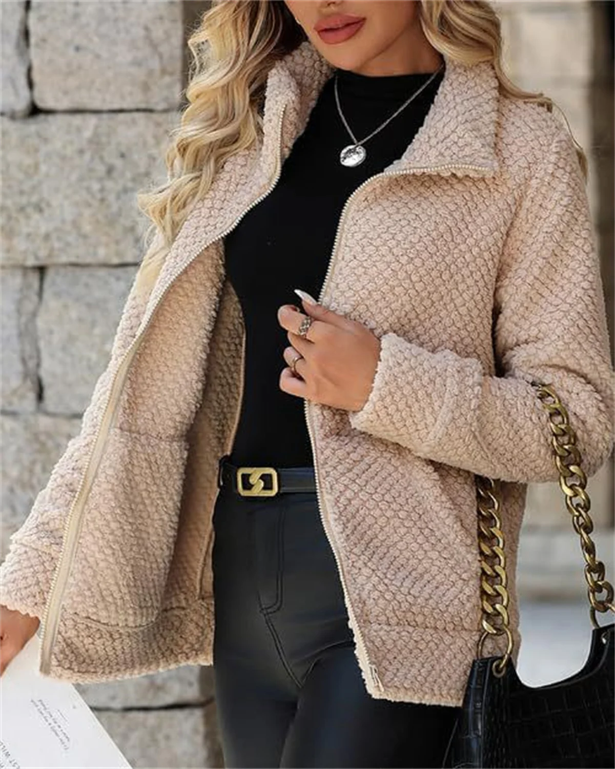 Women's Padded Fleece-lined Zip-up Jacket With Pocket And Lapel — image 7